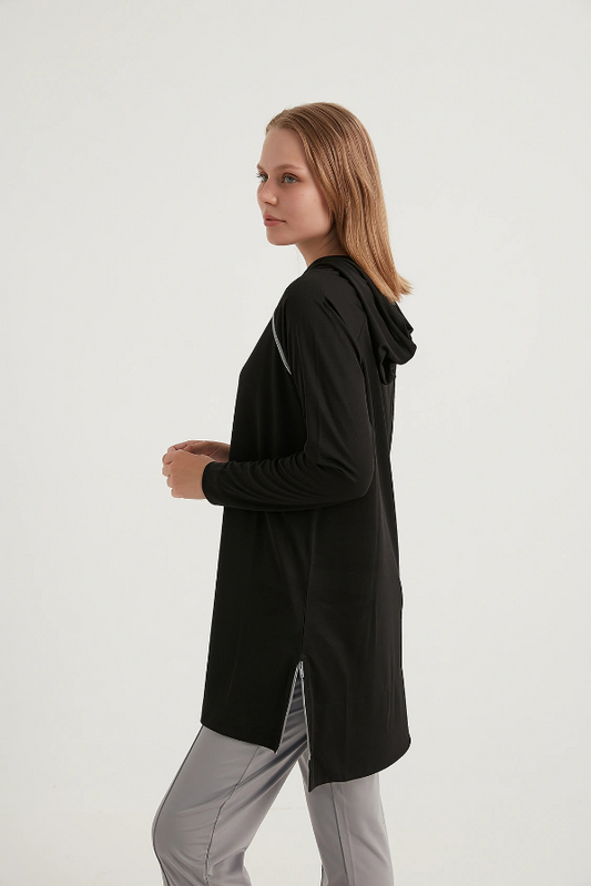 Side Zippered Hooded Quick Dry Tracksuit Top - Black