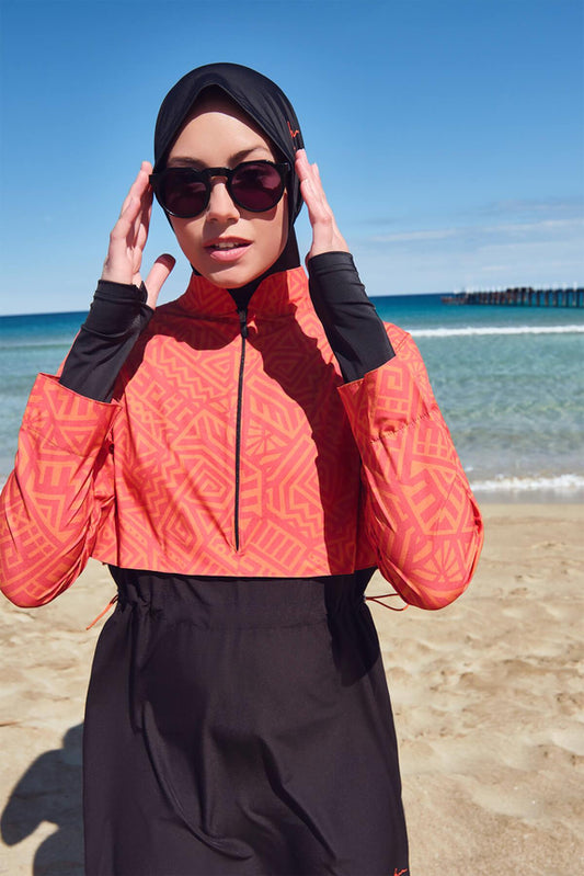 Orange and Black Gilet 5 Piece Full-Covered Modest Swimsuit Set