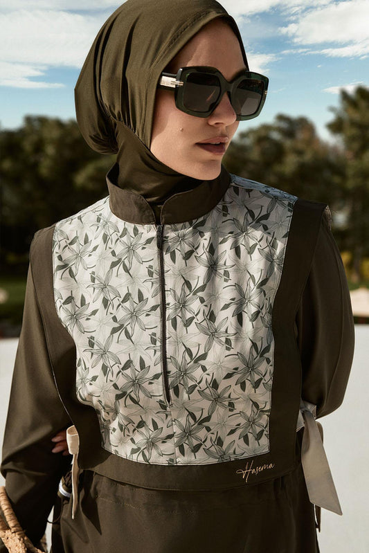 Ribbon Detailed Khaki 5 Piece Full-Covered Modest Swimsuit Set