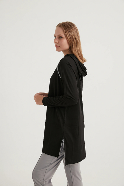 Side Zippered Hooded Quick Dry Tracksuit Top - Black