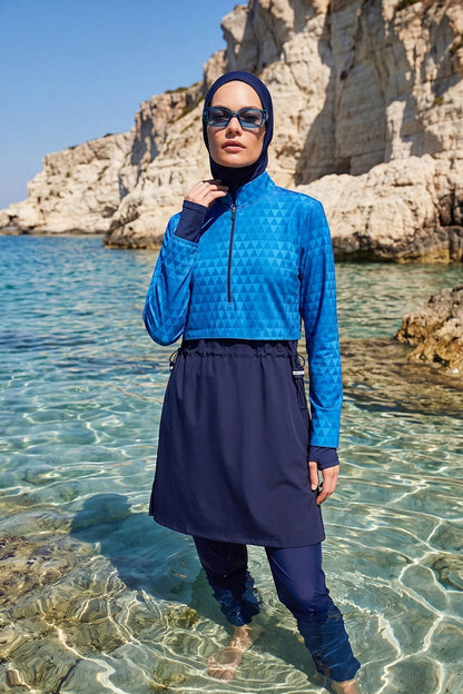 Blue Geometric Pattern 5-Piece Full-Covered Swimsuit Set