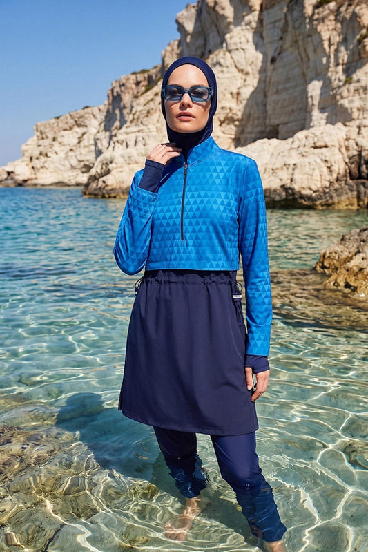 Blue Geometric Pattern 5-Piece Full-Covered Swimsuit Set