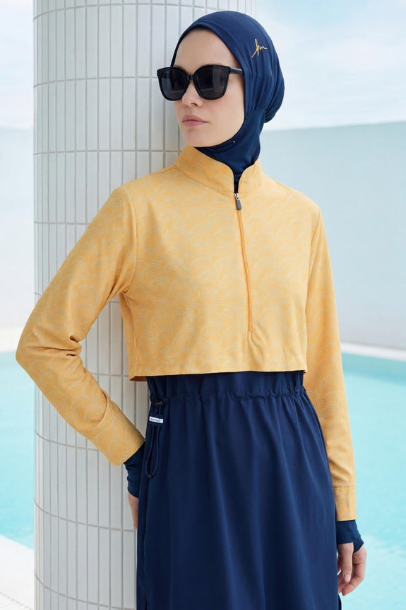 Ensemble de Maillot de Bain 5 Pièces Entièrement Couvrant à Motif Vague Jaune