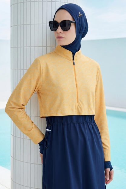 Ensemble de Maillot de Bain 5 Pièces Entièrement Couvrant à Motif Vague Jaune