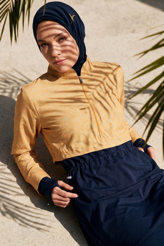 Ensemble de Maillot de Bain 5 Pièces Entièrement Couvrant à Motif Vague Jaune