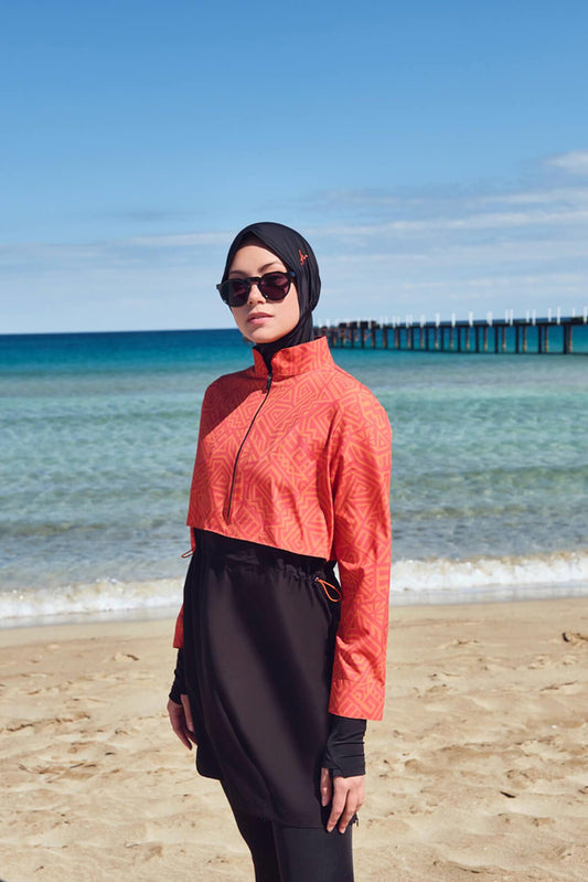 Orange and Black Gilet 5 Piece Full-Covered Modest Swimsuit Set