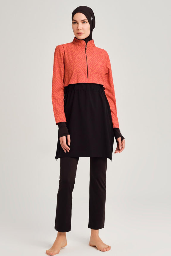Orange and Black Gilet 5 Piece Full-Covered Modest Swimsuit Set
