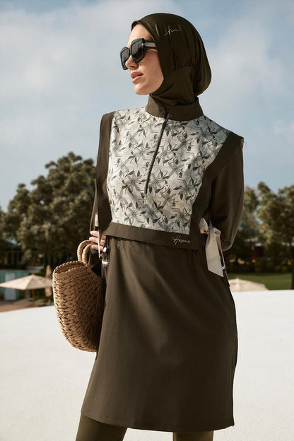 Ribbon Detailed Khaki 5 Piece Full-Covered Modest Swimsuit Set