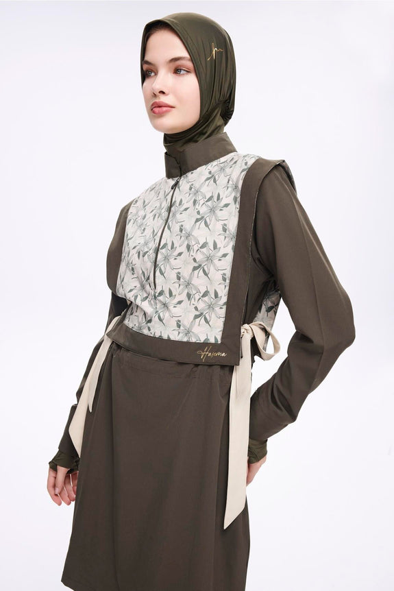 Ribbon Detailed Khaki 5 Piece Full-Covered Modest Swimsuit Set
