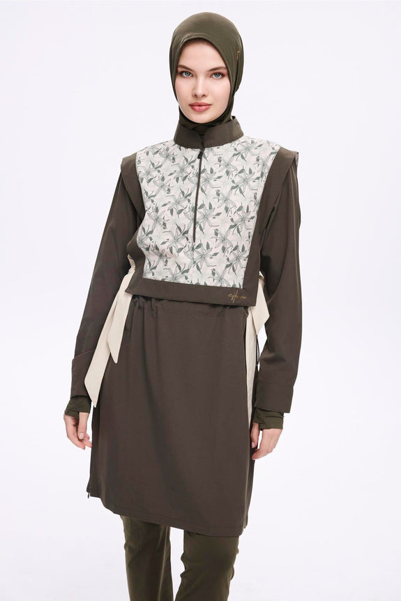 Ribbon Detailed Khaki 5 Piece Full-Covered Modest Swimsuit Set