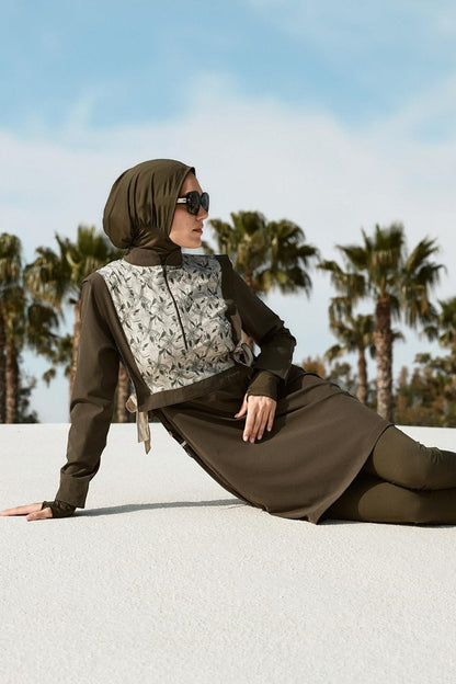 Ribbon Detailed Khaki 5 Piece Full-Covered Modest Swimsuit Set