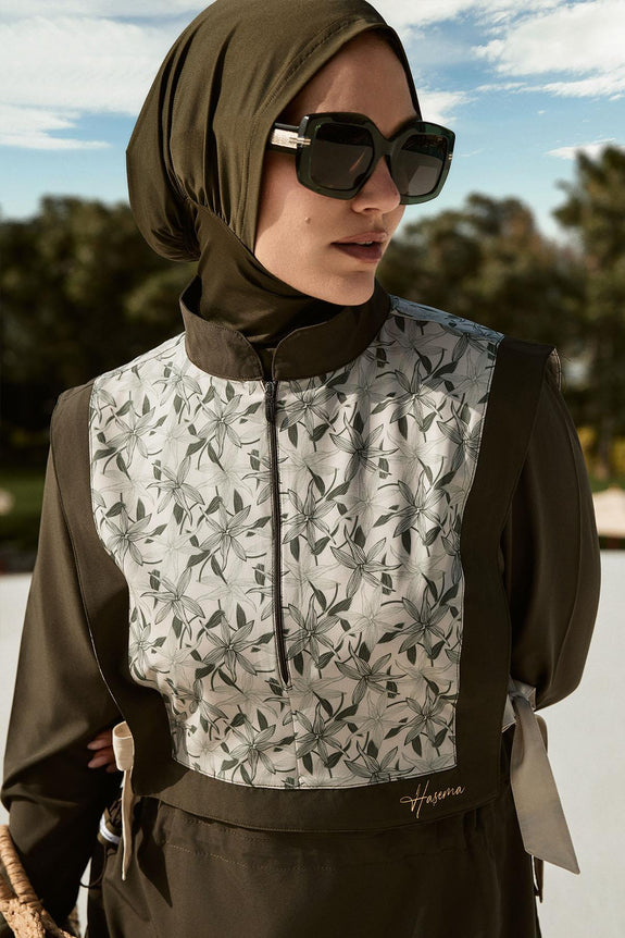 Ribbon Detailed Khaki 5 Piece Full-Covered Modest Swimsuit Set
