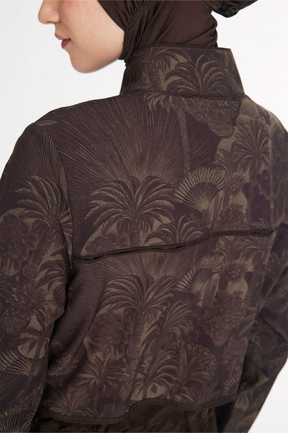 Palm Trees Patterned Brown 5-Piece Full-Covered Swimsuit Set