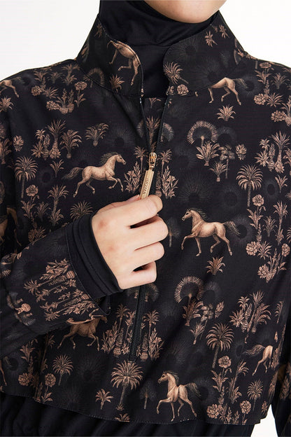 Horses Patterned Black 5-Piece Full-Covered Swimsuit Set
