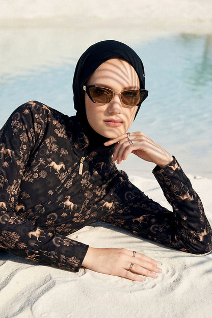 Horses Patterned Black 5-Piece Full-Covered Swimsuit Set