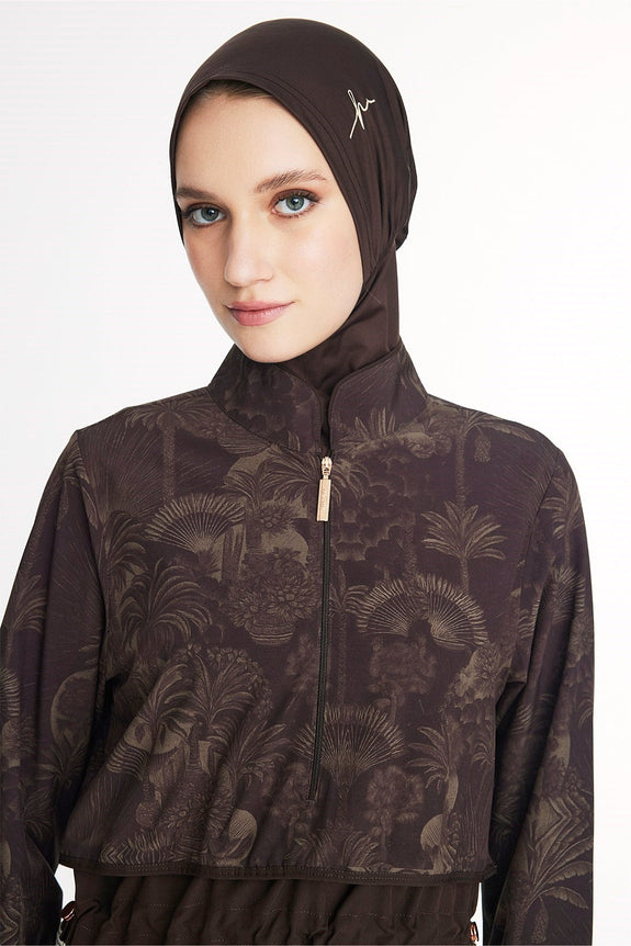 Palm Trees Patterned Brown 5-Piece Full-Covered Swimsuit Set