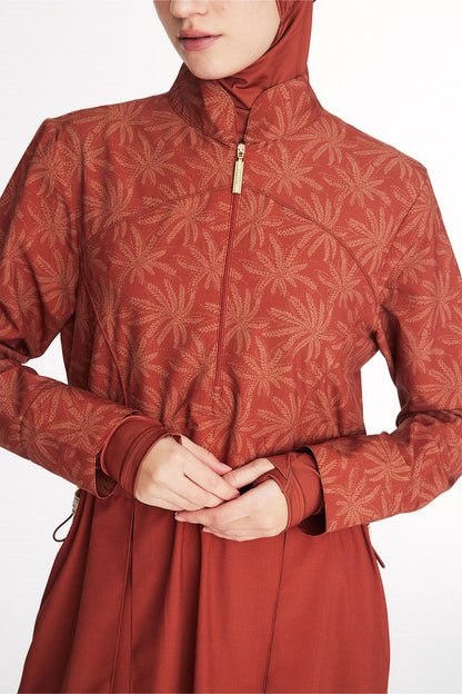 Palm Tree Patterned Terracotta Color 5-Piece Full-Covered Swimsuit