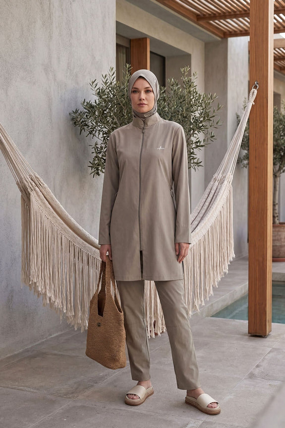 Minimalist Mink Woven 5-Piece Full-Covered Swimsuit Set