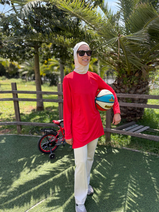 Top and matching Hijab - Red & Beige